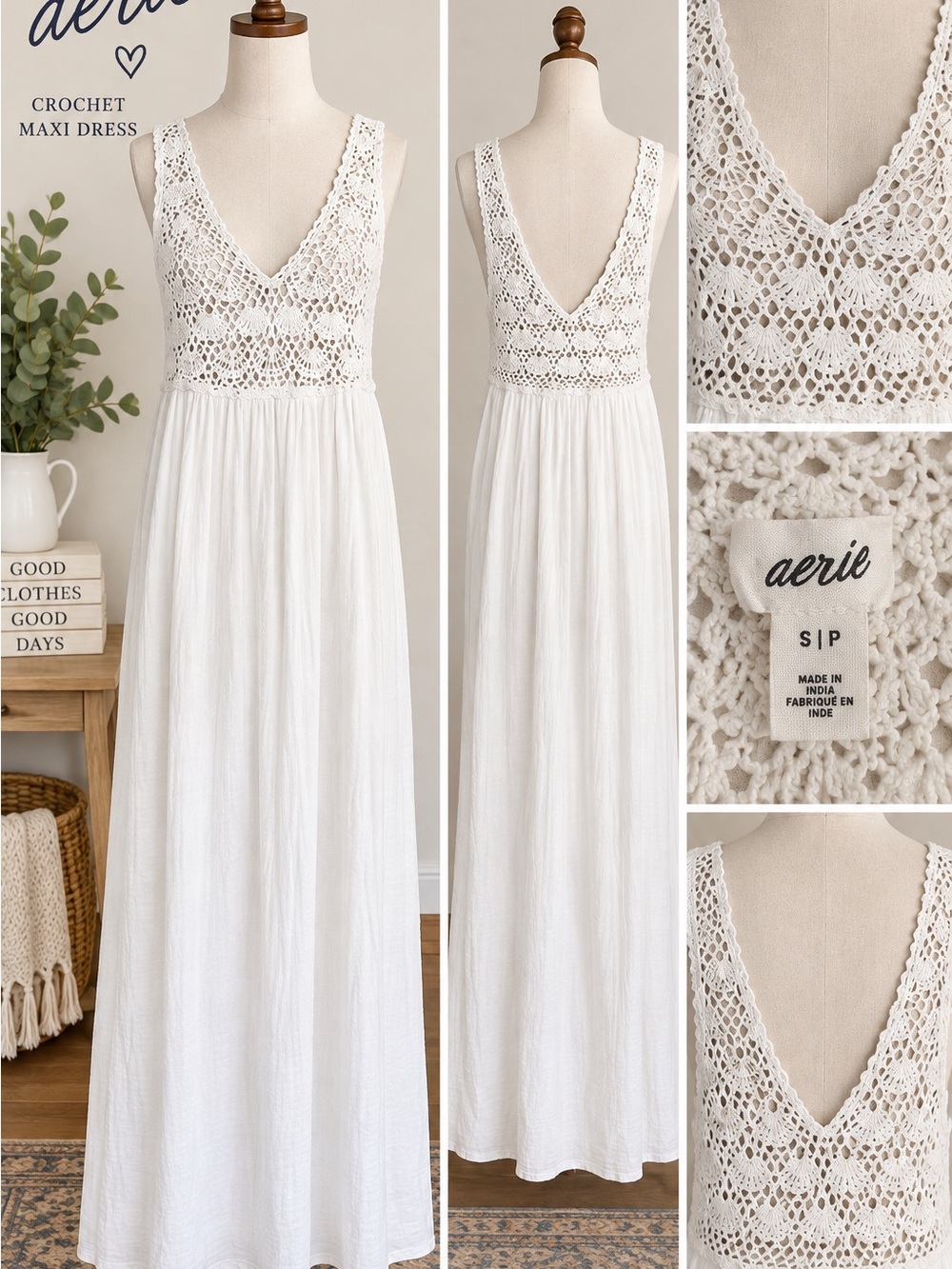 Aerie White Crochet Lace Bodice Maxi Dress Boho Beach Vacation Size S